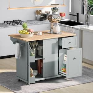 Grey+Blue Kitchen Cart with Drawers;Drop Leaf;Locking Casters;Shelf;Spice Rack;Wheels