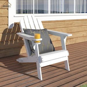 Traditional Curveback White Plastic Patio Adirondack Chair with Cup Holder and umbrella hole Outdoor