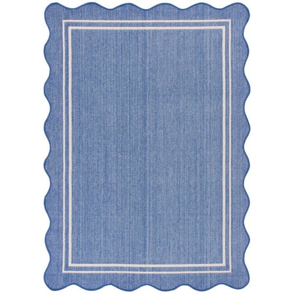 Blue/White 5 ft. x 7 ft. Scalloped Border Indoor/Outdoor Area Rug
