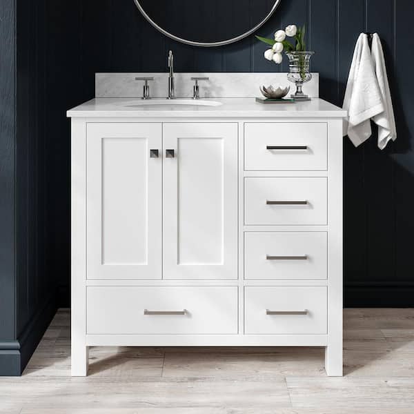 ARIEL Cambridge 36 in. Single Sink Freestanding Bathroom Vanity in White with Carrara White Marble Top