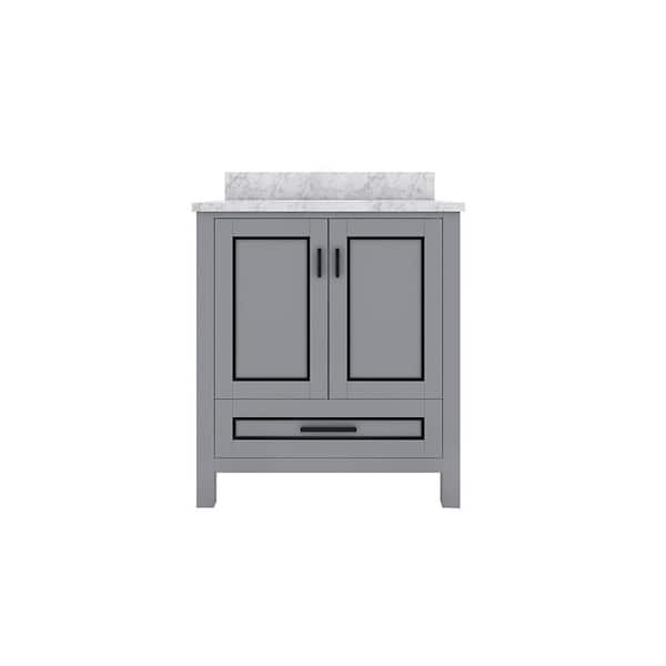 Sinber STYLE2 30 in. W x 22 in. D x 35 in. H Ceramic Sink Freestanding Bath Vanity in Gray with Carrara White Marble Top