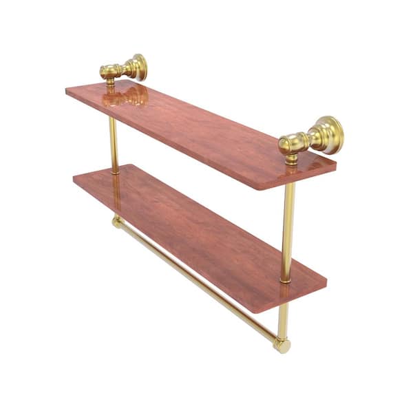 Allied Brass Carolina 22 in. W x 9.5 in. H x 5.54 in. D Brass Rectangular Double Wood Shelf with Towel Bar in Satin Brass