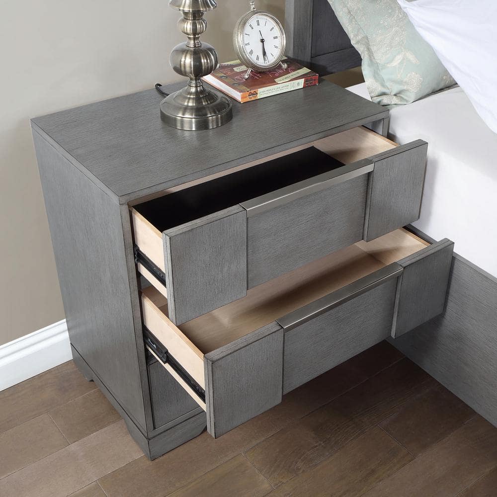 Gray Wood 3-Drawer Nightstand with Metal Handles