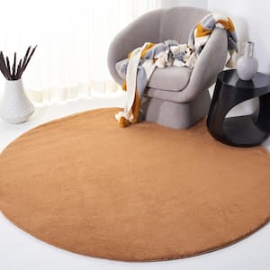 Faux Rabbit Fur Brown 6 ft. x 6 ft. Machine Washable High Low Brown Round Area Rug