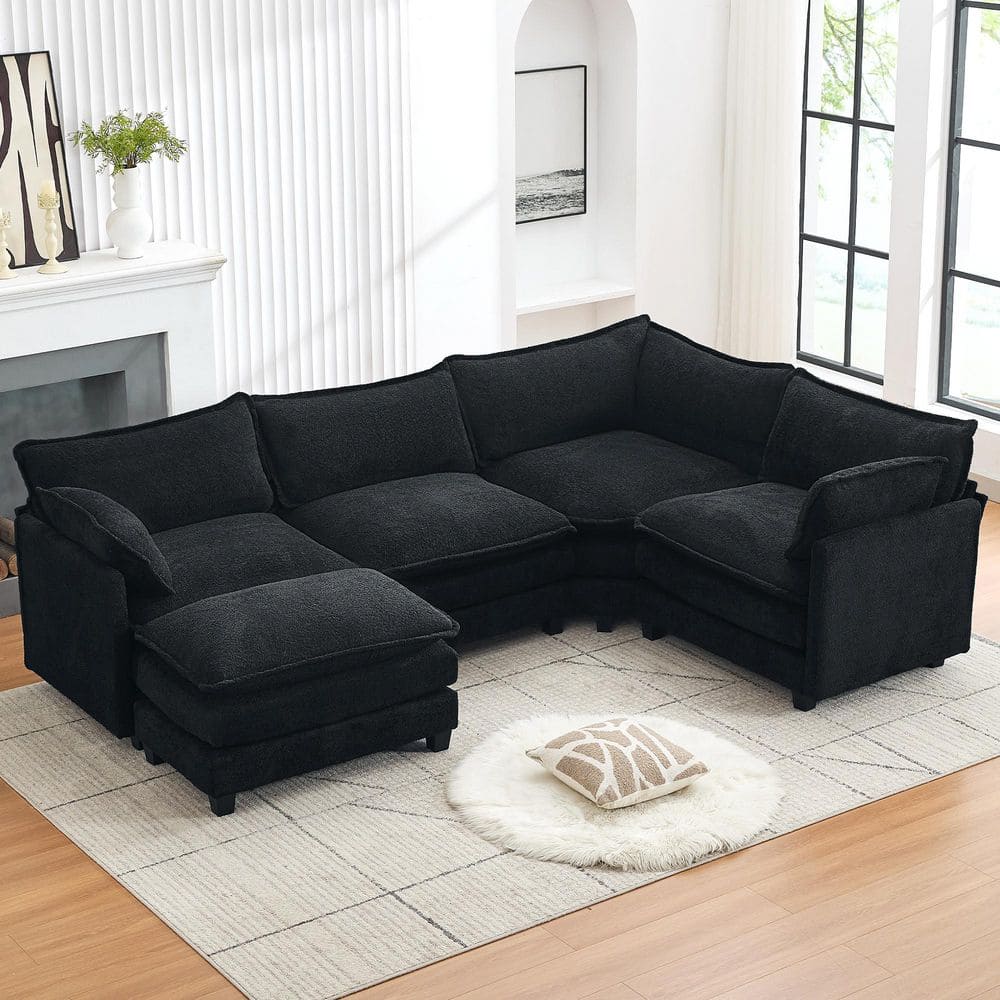 JEAREY 113.4 in. W Black Chenille Fabric Straight Arm L-Shaped