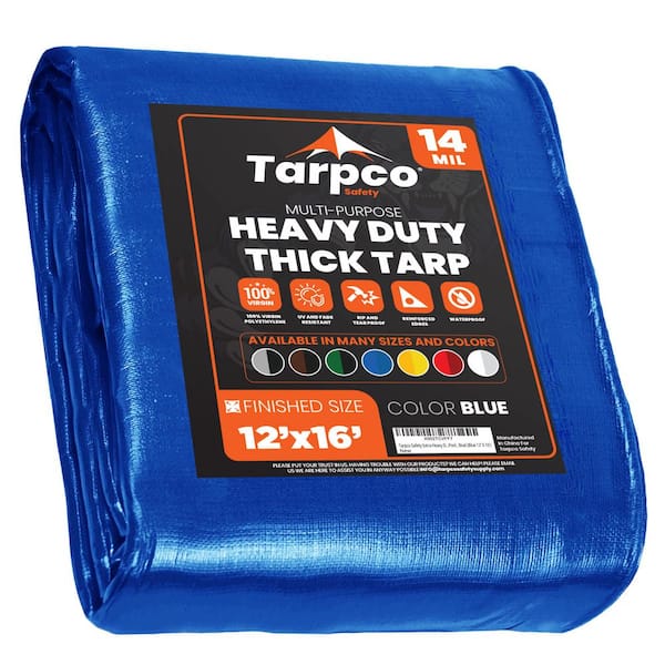 TARPCO SAFETY 12 ft. x 16 ft. Blue Polyethylene Heavy Duty 14 Mil Tarp,  Waterproof, UV Resistant, Rip and Tear Proof TS-105-12x16 The Home Depot