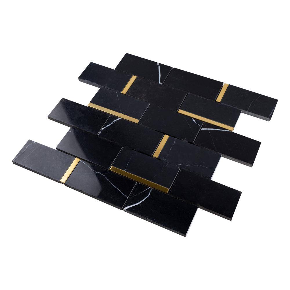 Bianco 12x12 Black and Gold Marble Brick Joint Mosaic Tile