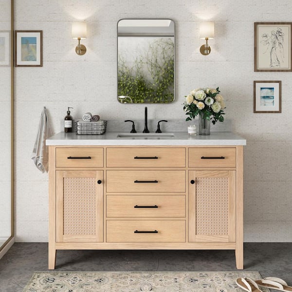 Camila 54 in. W x 22 in. D x 36 in. H Single Sink Bath Vanity in White Oak with Italian Carrara Marble Top