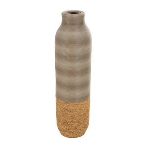 32 in. Brown Handmade Ribbed Seagrass Decorative Vase with Coiled Seagrass Base
