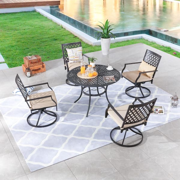Patio Festival 5-Piece Round Metal Outdoor Dining Set with Beige Cushions