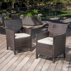 Cypress Multi-Brown Armed Faux Rattan Outdoor Dining Chair with Light Brown Cushions (2-Pack)