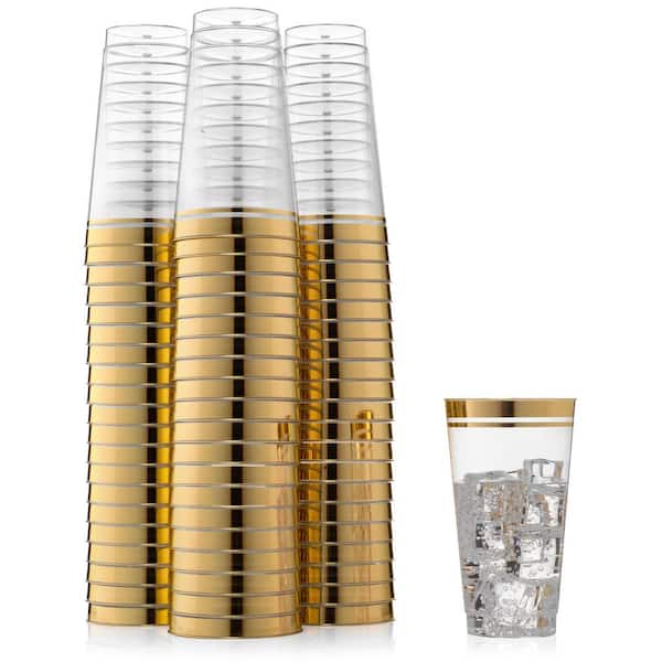 10 oz Clear Plastic Cups Old Fashioned Tumblers Gold Rimmed