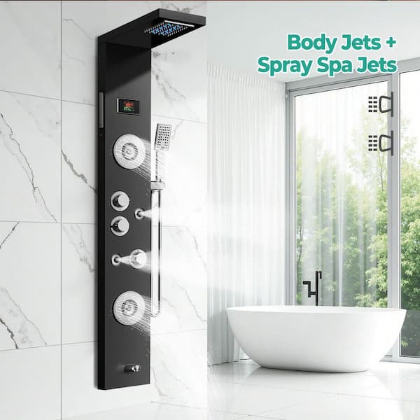 ANZA 55 in. 6-Jet LED Shower Panel System with Rainfall and Waterfall Modes and Massage Modes Handheld Shower in Matte Black