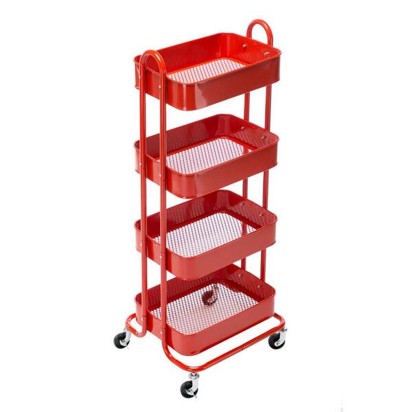 Huluwat 4-Tier Metal 4-Wheeled Shelves Storage Drawer Cart in Red