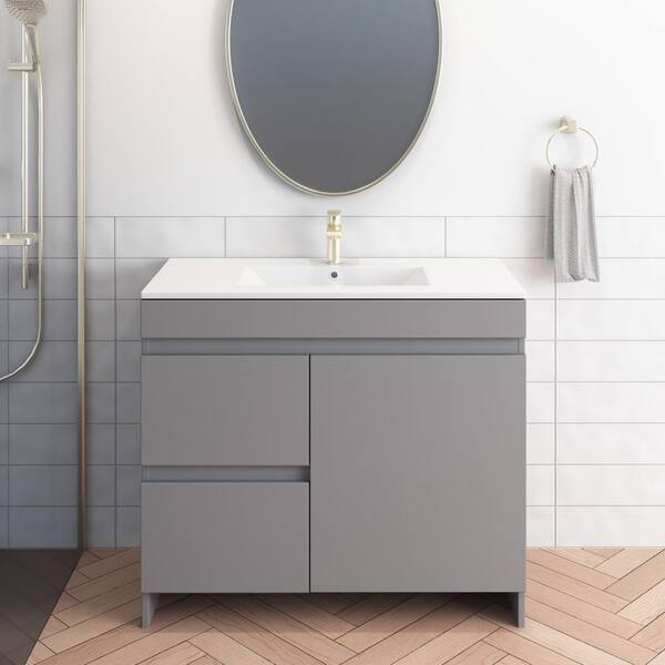 VOLPA USA AMERICAN CRAFTED VANITIES Mace 40 in. W x 18 in. D x 34 in. H Bath Vanity in Gray with White Ceramic Top and Left-Side Drawers