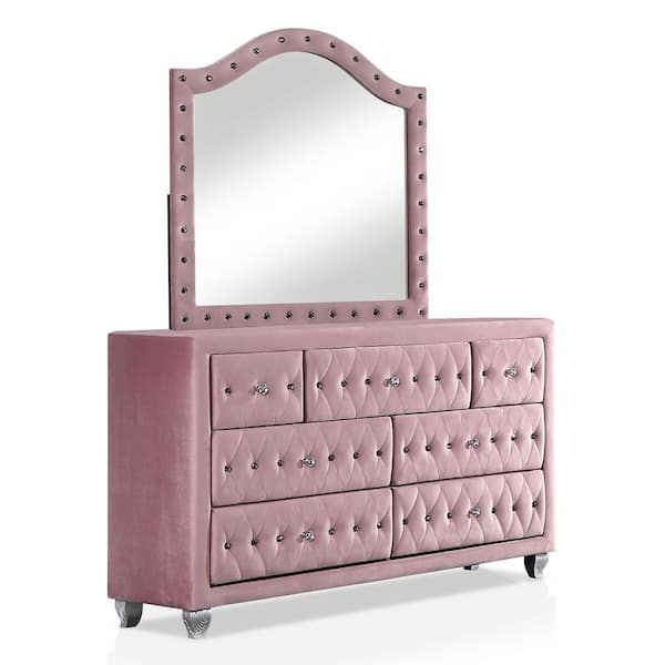 Furniture of America Nesika 7-Drawer Pink Dresser with Mirror (76.75 in. H x 58.5 in. W x 17.5 in. D)