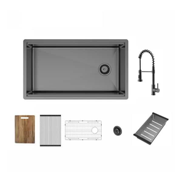 32 in Undermount Single Bowl 18-Gauge Gunmetal Stainless Steel Workstation Sink with Spring Neck Faucet and Accessories