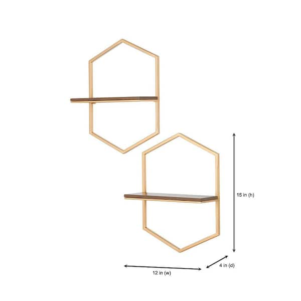 Stylewell 15 In H X 12 In W X 4 In D Wood And Gold Metal Wall Mount Hexagon Floating Shelf Set Of 2 18mje2707 The Home Depot