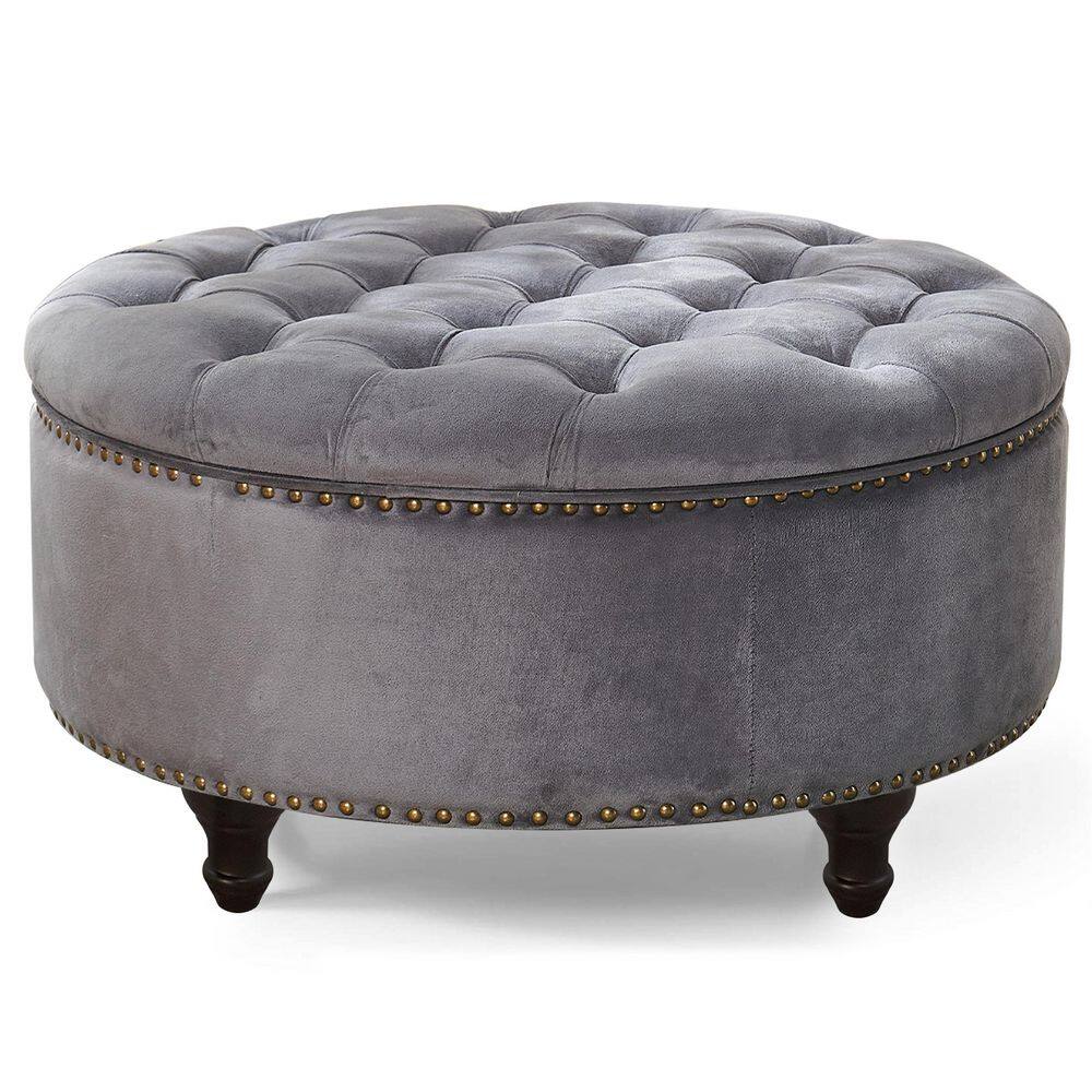 Nathaniel Home SIDA 30 in. Dark Gray Velvet Round Storage Ottoman ...