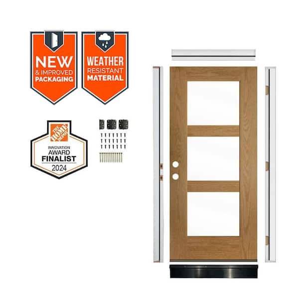 36in.x79in. 3-Lite Right-Hand Clear Glass Bourbon Stain Fiberglass Assembly Required Front Door Kit w/QuickAssembleJamb
