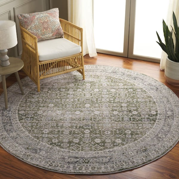 Vintage Tabriz 7 ft. x 7 ft. Green/Gray Distressed Ornate Border Round Area Rug