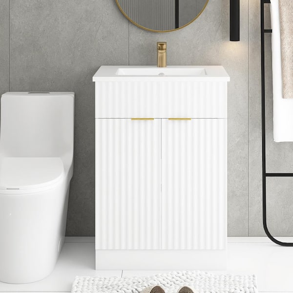 JimsMaison 24 in. W x 18 in. D x 34 in. H Single Sink Freestanding Bath Vanity in White with White Ceramic Top