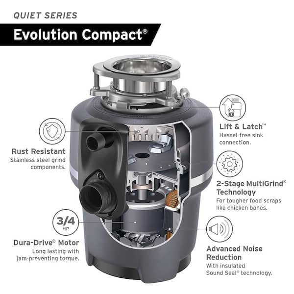 Insinkerator Evolution Compact Lift Latch Quiet Series 3 4 Hp Continuous Feed Garbage Disposal With Power Cord Sinktop Air Switch Evo Compact W Cord W Sts 00sn The Home Depot