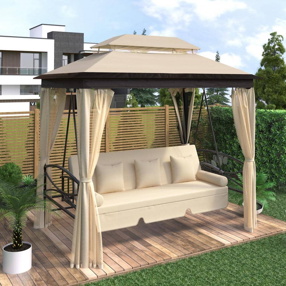 3-Person Metal Outdoor Patio Swing with Cushions, Double Roof Canopy and Mosquito Netting in Beige