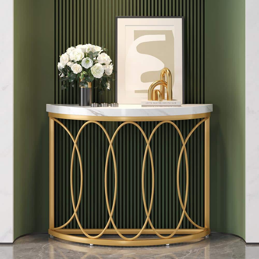 43" White Faux Marble and Gold Metal Half Moon Console Table