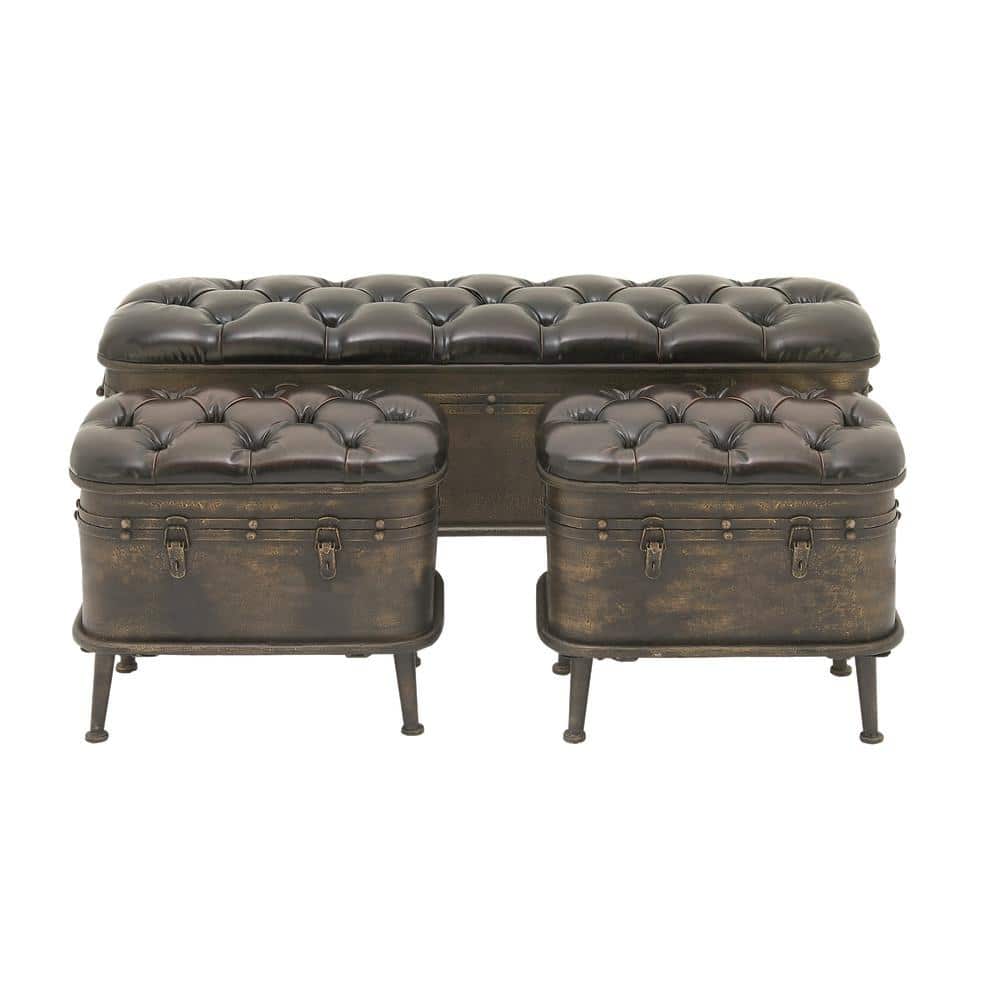 Brown Metal Storage Bench with Tufted Faux Leather Set