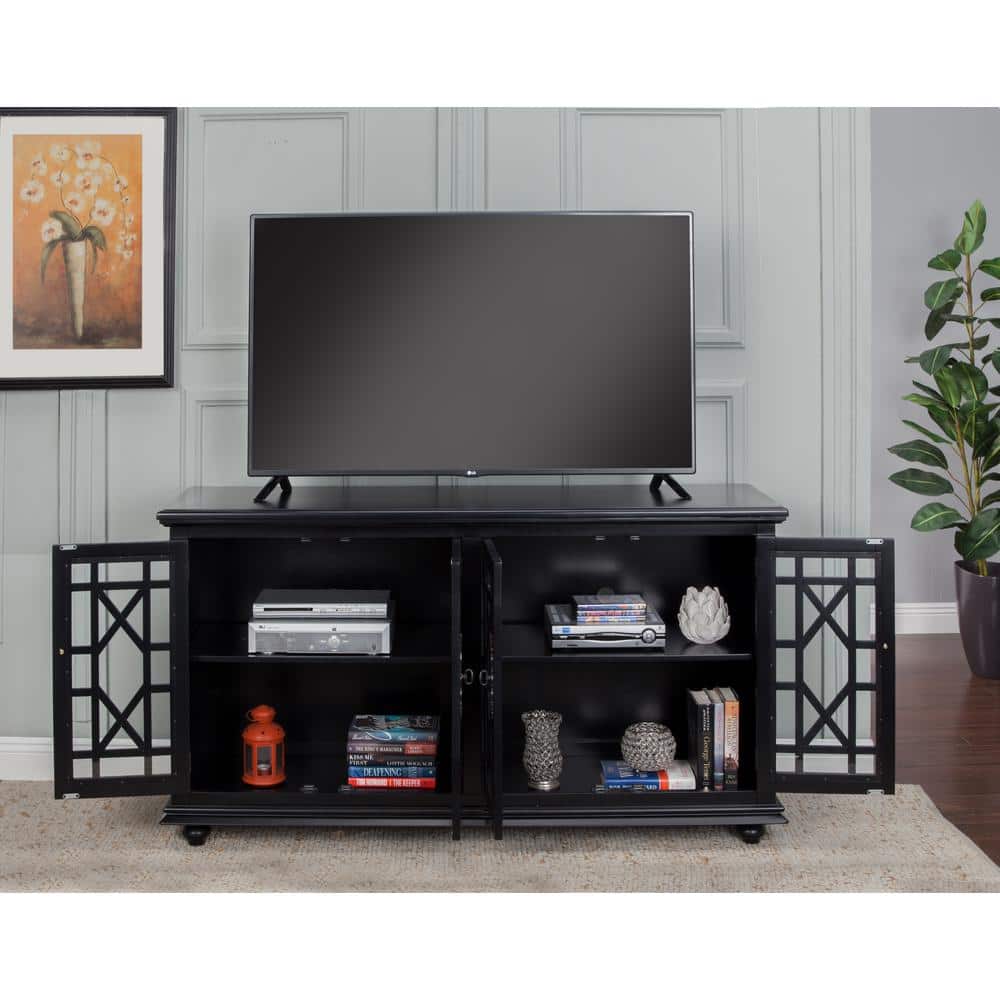 Parisian Antique Black 63" Transitional TV Stand with Glass Doors