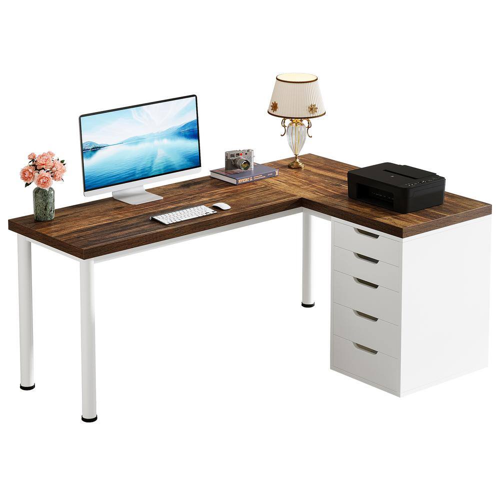 55 in. L-Shaped White Brown Wood 5-Drawer Computer Desk with Storage for Home Office