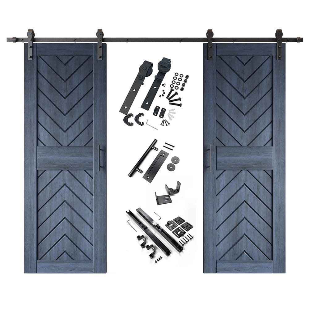 JT4 30 in. x 84 in. C-Panel Navy Fishbone Design Double Pine Wood Sliding Barn Door with Hardware Kit price history on PriceWatchPro