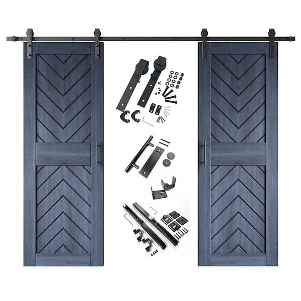 JT4 30 in. x 84 in. C-Panel Navy Fishbone Design Double Pine Wood Sliding Barn Door with Hardware Kit