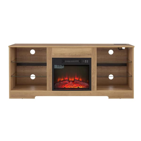 Oak TV Stand Entertainment Center Fits TVs Up to 65 in. with LED Lights Electric Fireplace and USB Charging