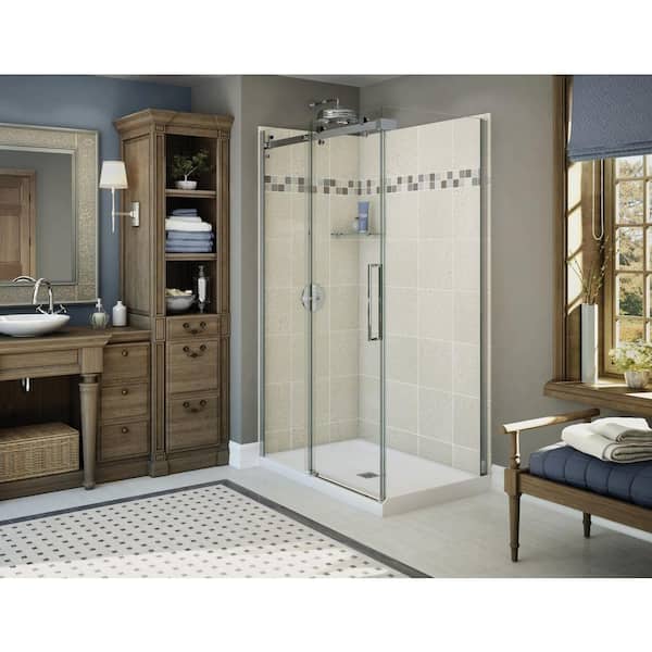 MAAX Utile Stone 32 in. x 48 in. x 83.5 in. Corner Shower Stall in Sahara with Center Drain Base in White