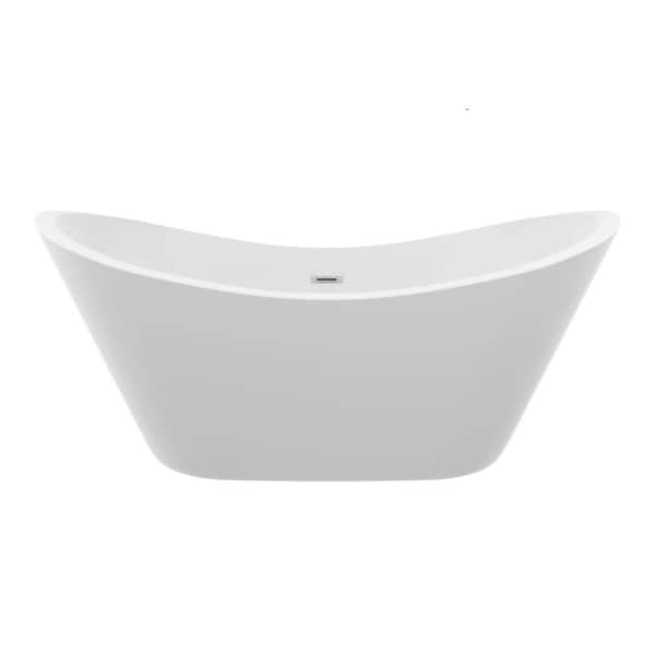 67 in. Acrylic Freestanding Flatbottom Double Ended Soaking Bathtub in White with Drain and Overflow