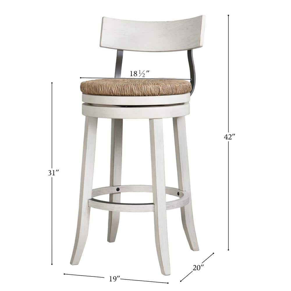 Farmhouse Reclaimed White Wood Bar Stool with Natural Seagrass Seat