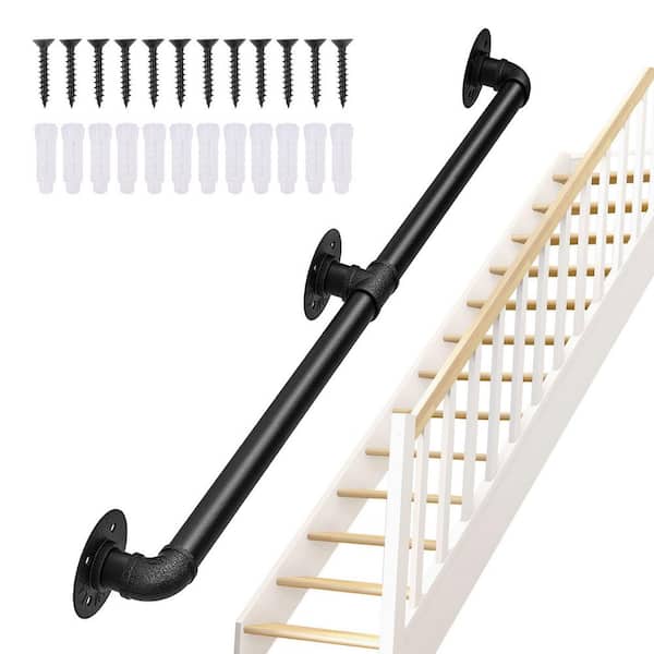 SEEUTEK 2.7 in. H x 48 in. W Black 4 ft. Pipe Stair Handrail for Indoor Stair Railing Stairs Metal Stair Railing Kit