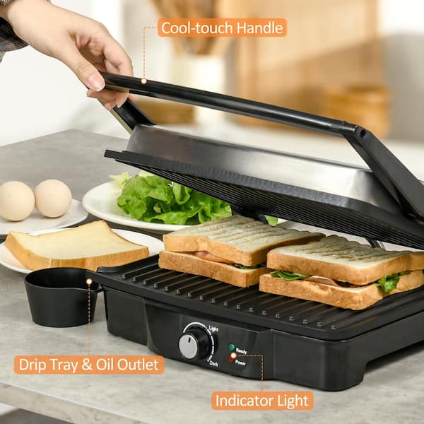 Homcom 3-in-1 Panini Press Grill, Stainless Steel Countertop Sandwich Maker  With Non-stick Double Plates And Removable Drip Tray, Silver / Black :  Target