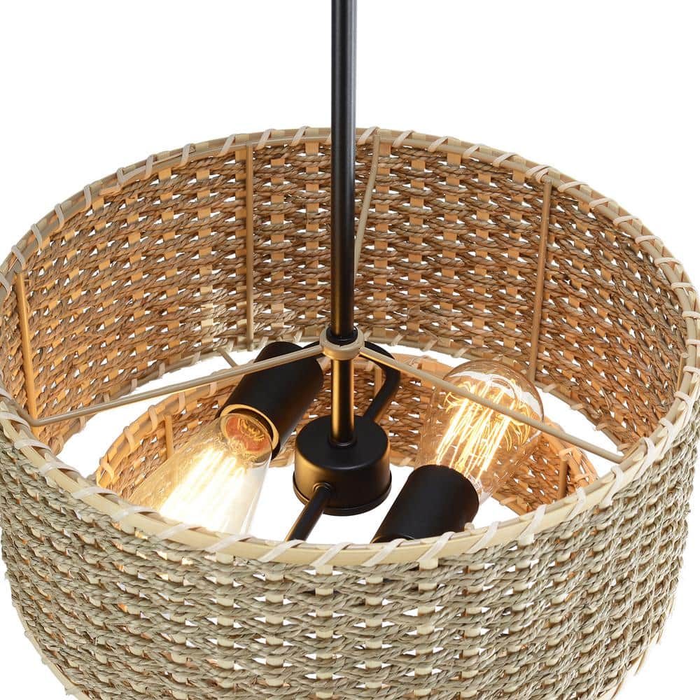 Matte Black 2-Light Adjustable Rattan Drum Chandelier