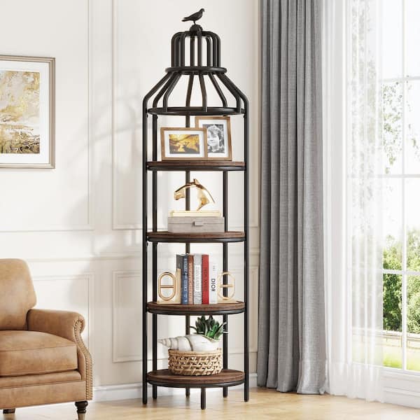 Eulas 71 in. Tall Brown Engineered Wood 4-Shelf Rustic Bookcase, Freestanding Corner Bookshelf Display Shelves