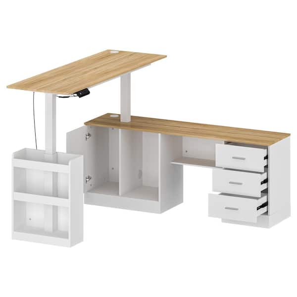 FUFU&GAGA 63 in. W L- Shaped White Wood Adjustable Height Computer Desk Ergonomic Writing Desk Memory Preset Controller KF150213-12