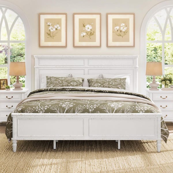 Atila Distressed White Modern Crown Molding Solid Wood Frame King Size Platform Bed with Headboard