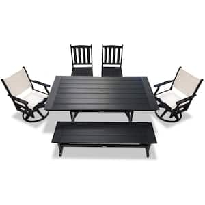 Tuscany Black 6-Piece HDPE Sling Swivel Rectangle Outdoor Dining Set