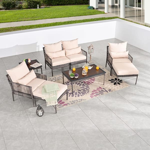 Patio Festival 8-Piece Wicker Outdoor Conversation Set with Beige Cushions
