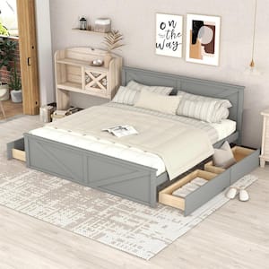 Gray Wood Frame King Size Platform Bed with 4 Storage Drawers