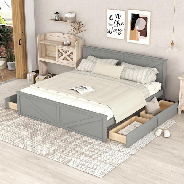 Harper & Bright Designs Gray Wood Frame King Size Platform Bed with 4 Storage Drawers
