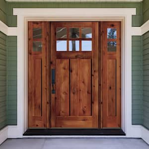 64 in. x 80 in. Craftsman Alder Right-Hand/Inswing 10-Lite Clear Glass Grey Stain Wood Prehung Front Door with Sidelites