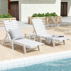 Laguna White 3-Piece All Weather Fade Proof HDPE Plastic Outdoor Patio Reclining Chaise Lounge Chairs and Side Table Set